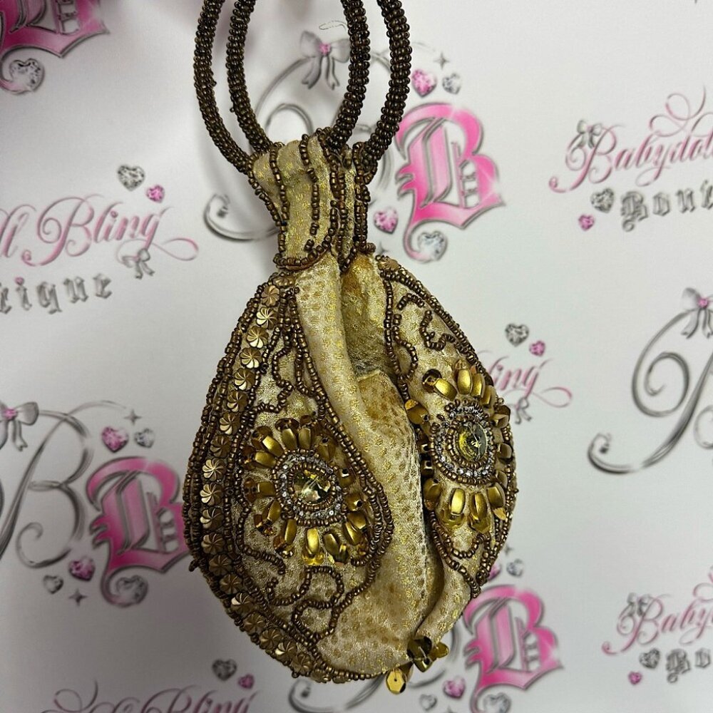 Bag Folded Handmade India-Gold Sequin Beads/Rhinestones/Wristlet/Purse/Bag round